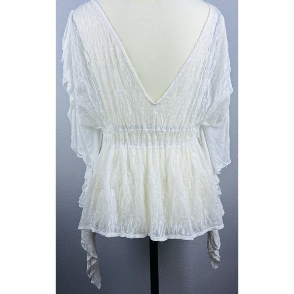 Free People Sz S June Ivory Batwing Sheer Lace Smocked Elasticized Flowy Top-REA - Picture 3 of 12
